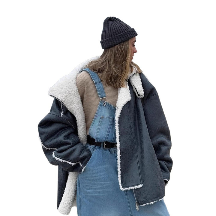 Damen Oversize Pilotjacke im Vintage-Look mit Sherpa‑Futter und Kontrastbesätzen Drune