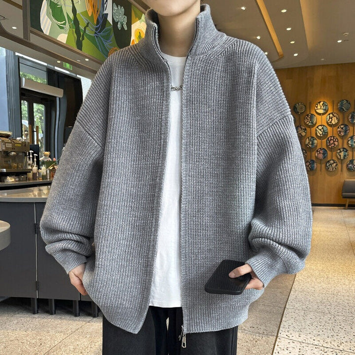 Unisex Oversized Strick-Zipjacke mit Stehkragen und Rippbündchen Drune