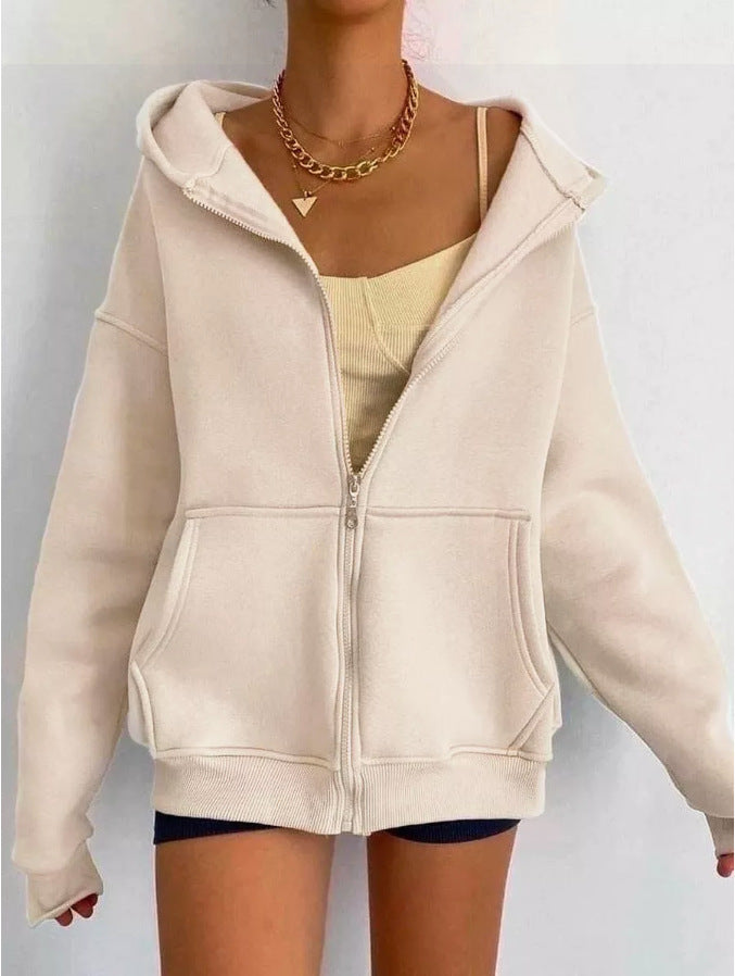 Damen nan minimalistisches French-Terry Zip-Hoodie mit durchgehendem Reißverschluss, Kängurutasche und Daumenloch-Ärmeln Drune