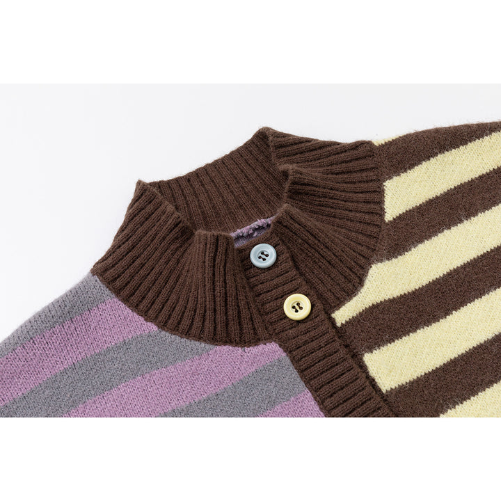 Damen Strickjacke im Patchwork-Streifenmix mit Stehkragen und Knopfleiste Drune