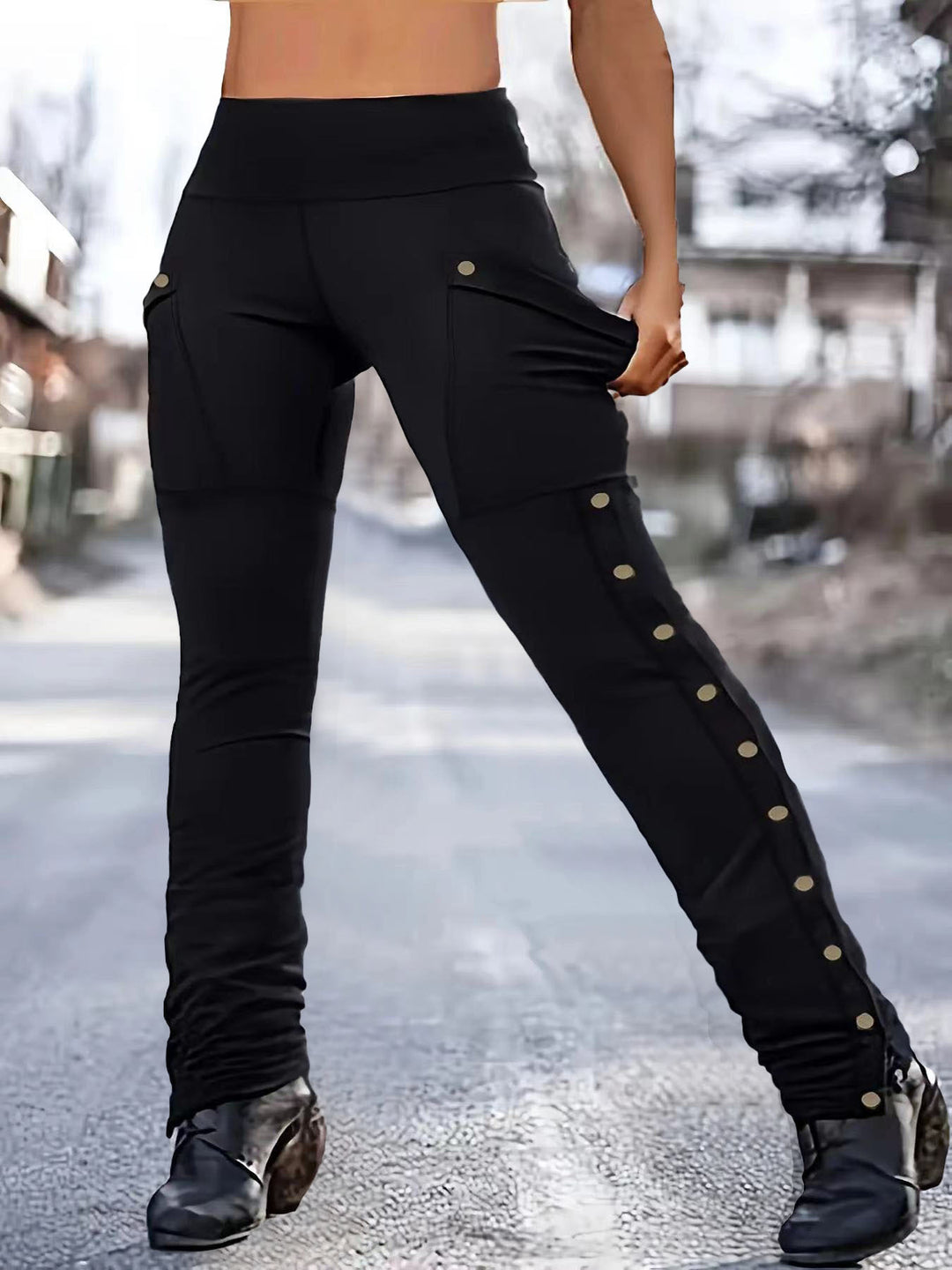 Damen High‑Waist Cargo‑Leggings mit Druckknopf‑Detail und schlankem Bein Drune