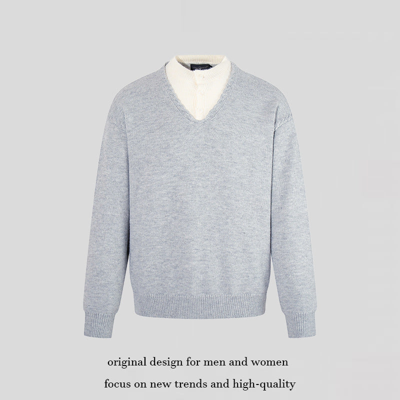 Herren Feiner V-Ausschnitt-Pullover mit Lagenoptik und Stehkragen-Innenteil Drune