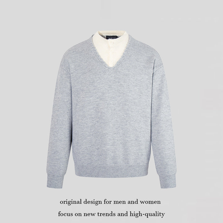 Herren Feiner V-Ausschnitt-Pullover mit Lagenoptik und Stehkragen-Innenteil Drune