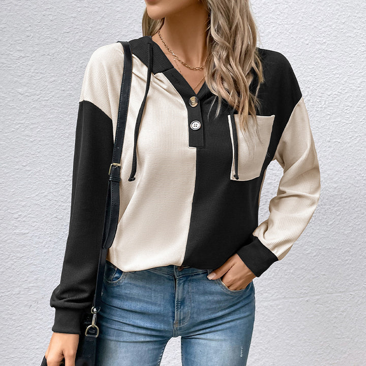 Damen Lässiges Hoodie-Oberteil mit Knopfleiste und Farbblock-Design Drune