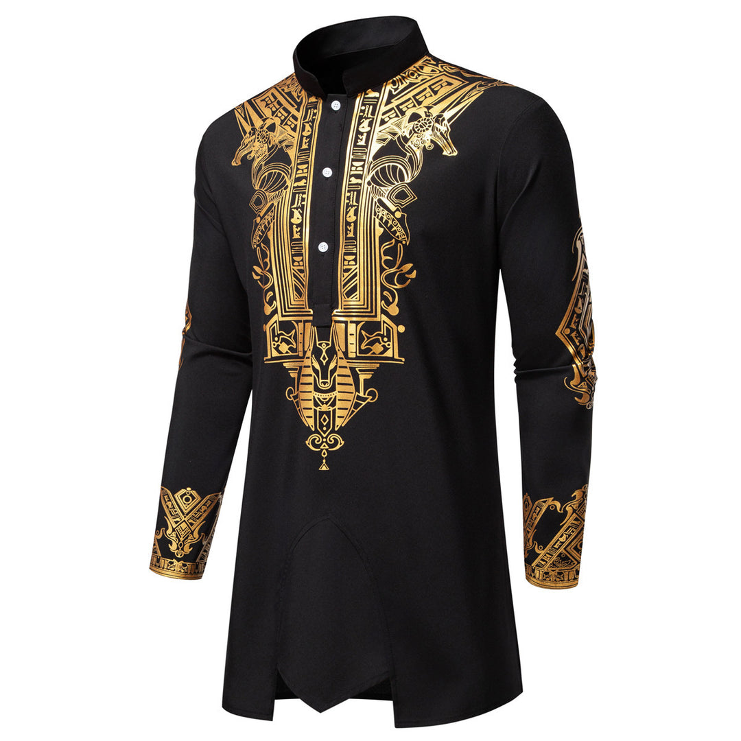 Herren Langes Tunika-Set mit Stehkragen, ägyptischer Goldprint und elastischer Joggerhose Drune