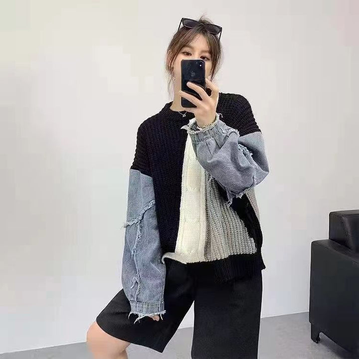 Drune | Patchwork-Pullover mit Denim-Ärmeln