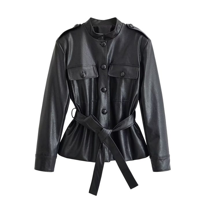 Damen Taillierte Kunstlederjacke mit Bindegürtel, Stehkragen und Pattentaschen Drune
