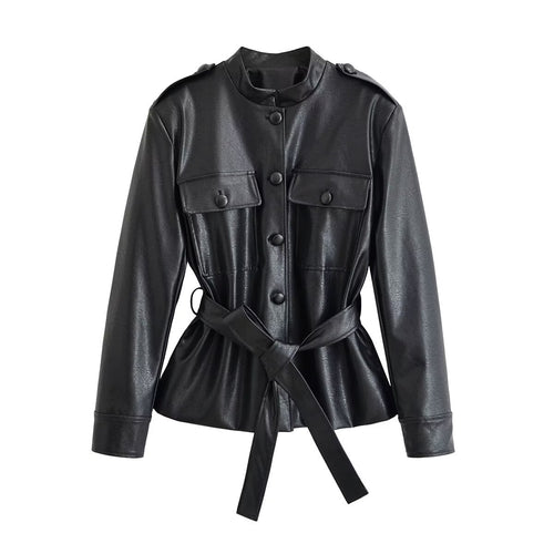 Damen Taillierte Kunstlederjacke mit Bindegürtel, Stehkragen und Pattentaschen Drune
