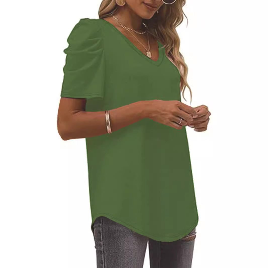 Damen trendiges V-Ausschnitt T-Shirt mit Puffärmeln Drune