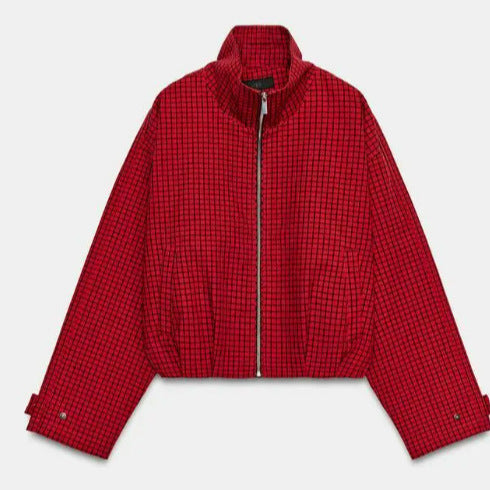 Damen Cropped Blousonjacke aus Webstoff mit Stehkragen, elastischem Saum und feinem Karo‑Design Drune