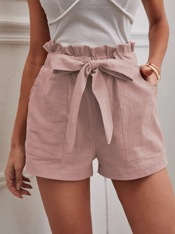 Damen Leichte Shorts mit dekorativem Bindegürtel und elastischem Bund Drune