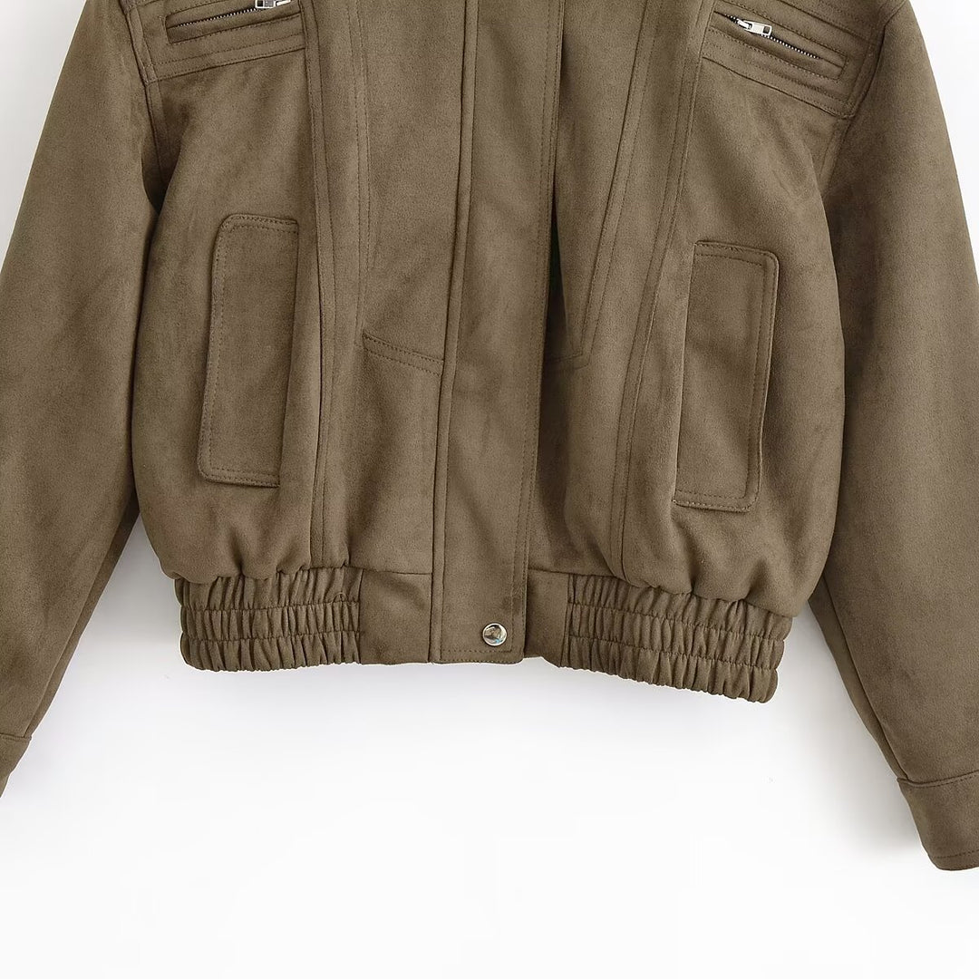 Damen modische Wildlederjacke mit tailliertem Schnitt und praktischen Taschen Drune