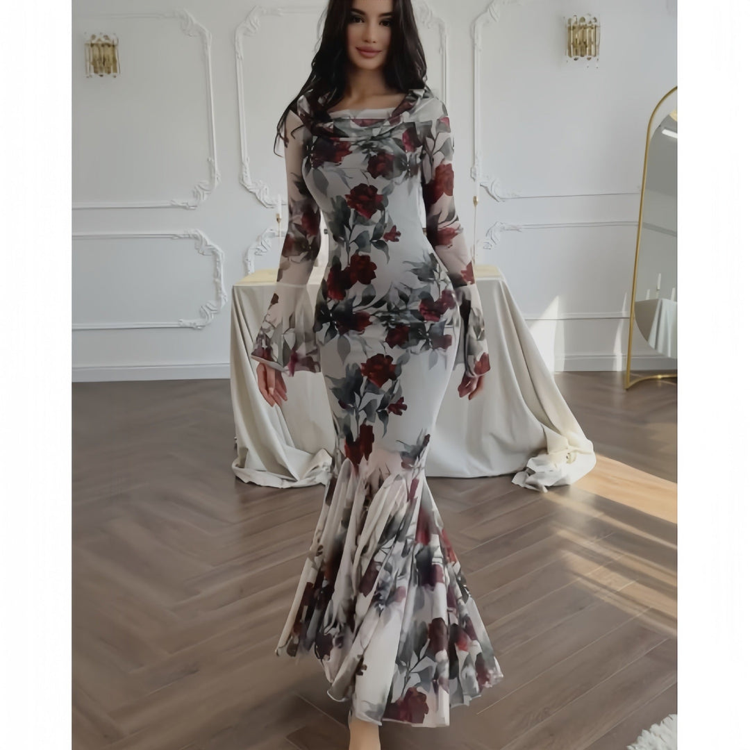 Drune | Blumenmuster Langarm Langrock Kleid