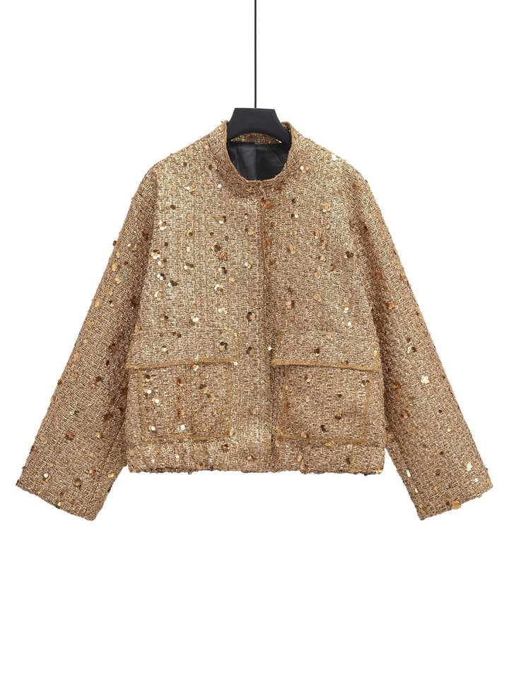 Damen 400+ Bouclé Kurzjacke mit Stehkragen, Pattentaschen und taillierendem Saum Drune