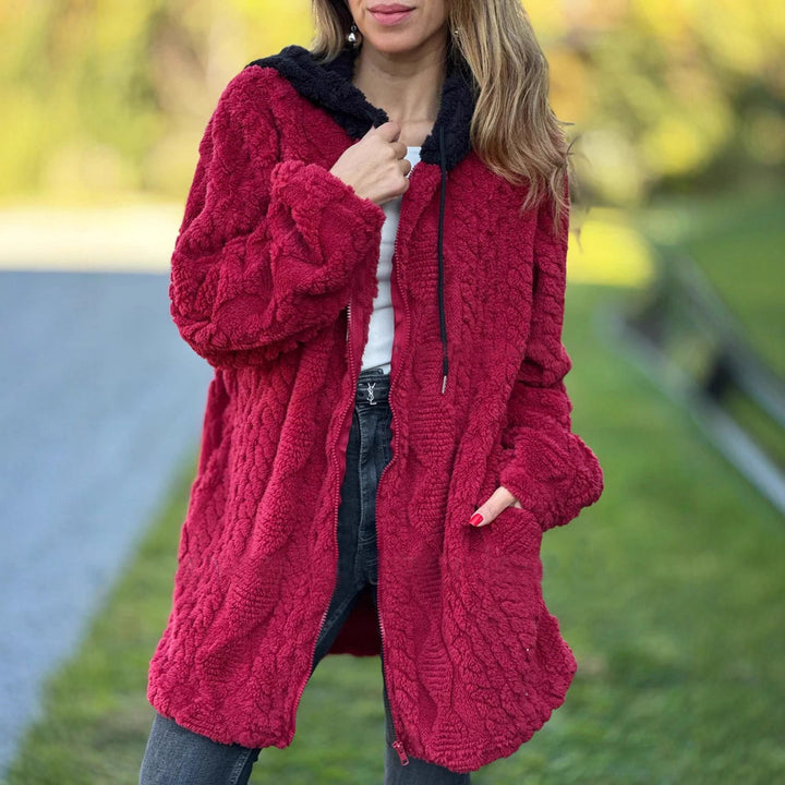 Damen nan oversized Teddy-Manteljacke mit Kontrastkapuze, Reißverschluss und Eingrifftaschen Drune