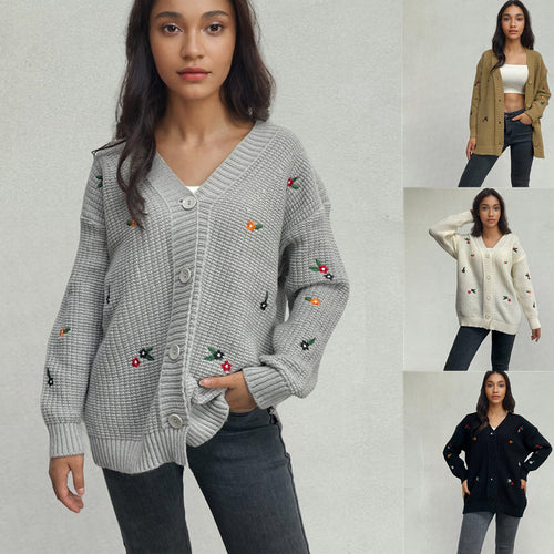 Damen Grobstrick Cardigan mit bunten Stickereien und Knopfverschluss Drune