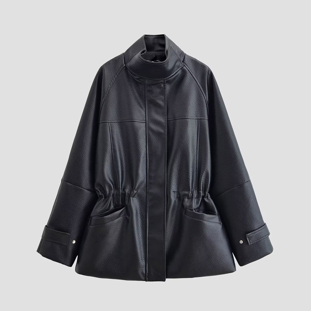 Damen Oversize-Kunstlederjacke mit Stehkragen, Taillen-Tunnelzug und aufgesetzten Taschen Drune