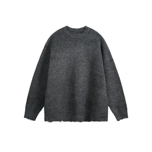 Unisex Oversize Grobstrickpullover mit Rundhalsausschnitt und ausgefranstem Saum Drune