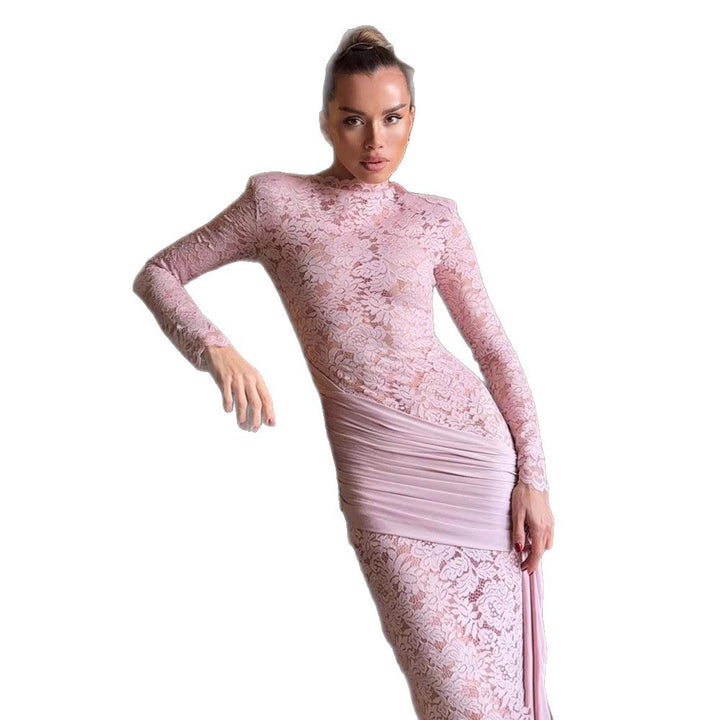 Damen Elegantes langärmliges Spitzenkleid mit seitlichem Raffungseffekt Drune