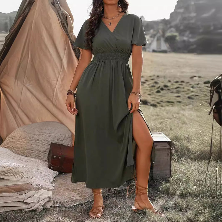 Damen Elegantes Maxikleid mit Wickeloptik und Puffärmeln Drune