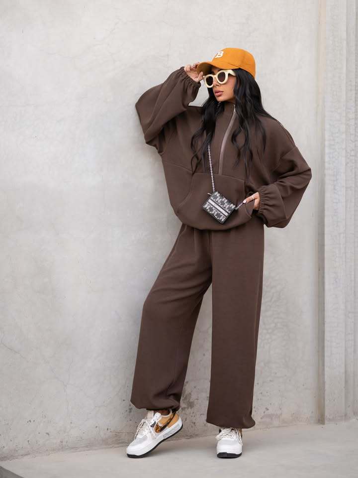 Damen lässiger Sweat-Anzug mit hohem Kragen und elastischen Ärmeln Drune