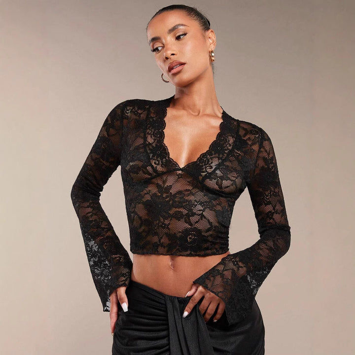 Damen nan transparente Spitzenbluse mit V-Ausschnitt, tailliert und Trompetenärmeln Drune