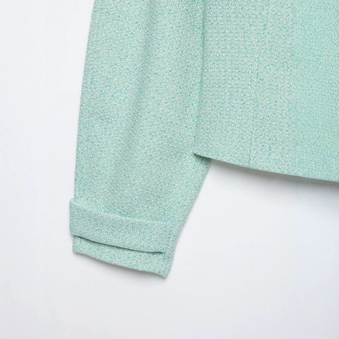 Damen Kurzjacke im Bouclé‑Mix mit verdecktem Reißverschluss und Hemdkragen Drune