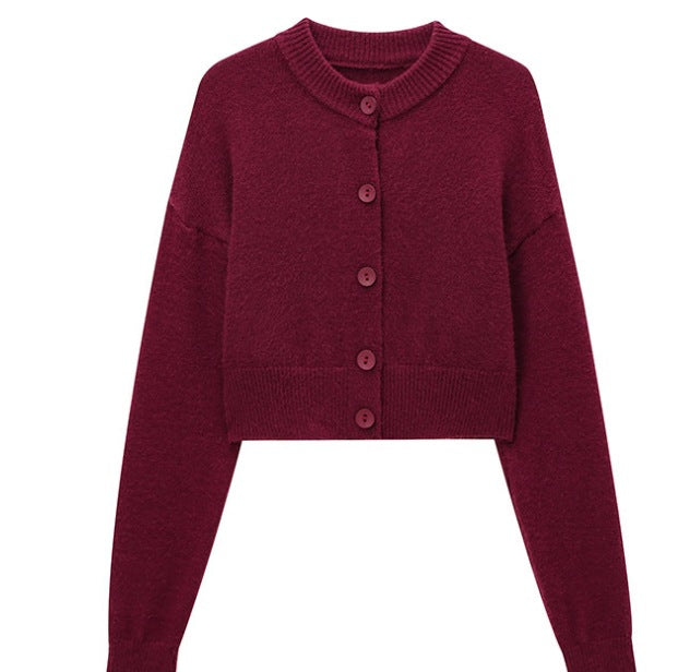 Damen kurze Strickjacke mit Knopfleiste und elegantem Rundhalsausschnitt Drune
