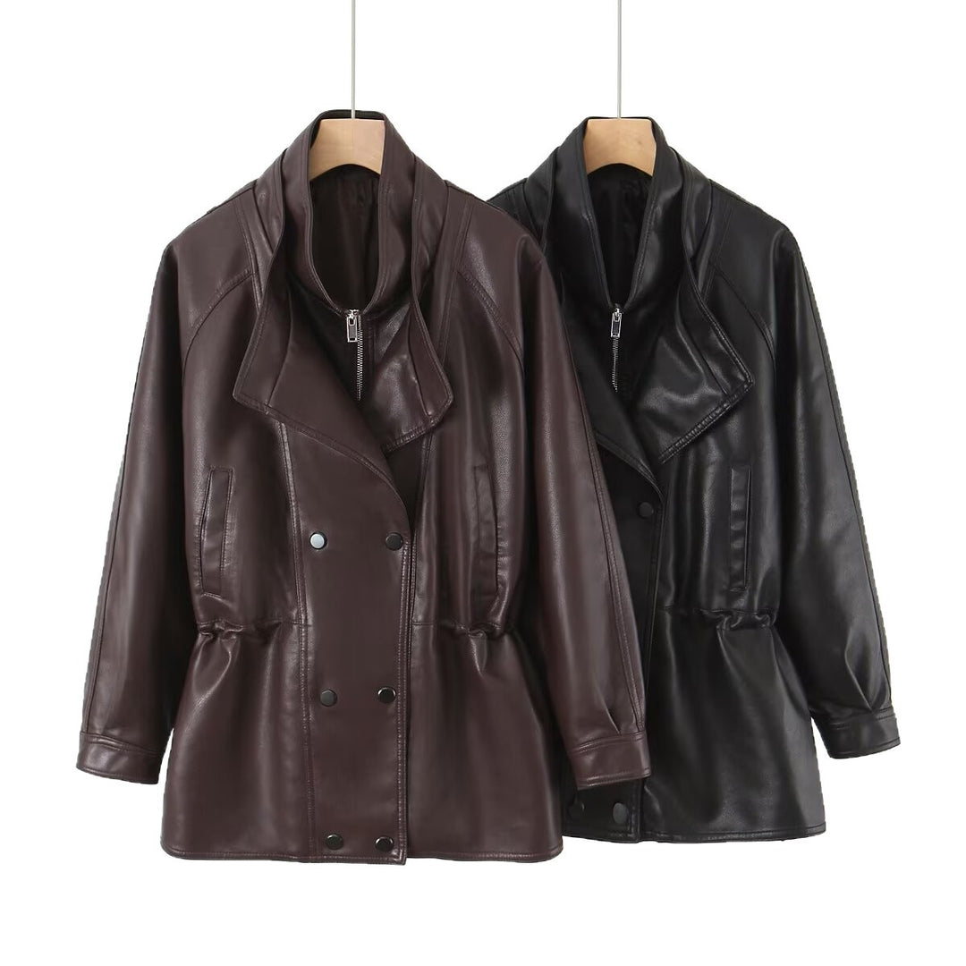 Damen Kunstlederjacke mit breitem Revers und praktischen Taschen Drune