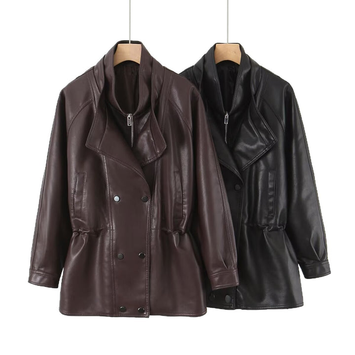 Damen Kunstlederjacke mit breitem Revers und praktischen Taschen Drune