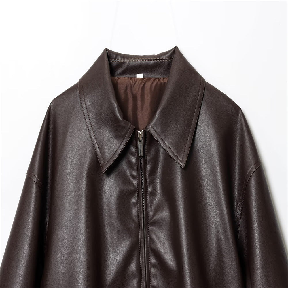 Damen Kurz geschnittener Oversize‑Blouson aus veganem Kunstleder mit Hemdkragen und elastischem Saum Drune