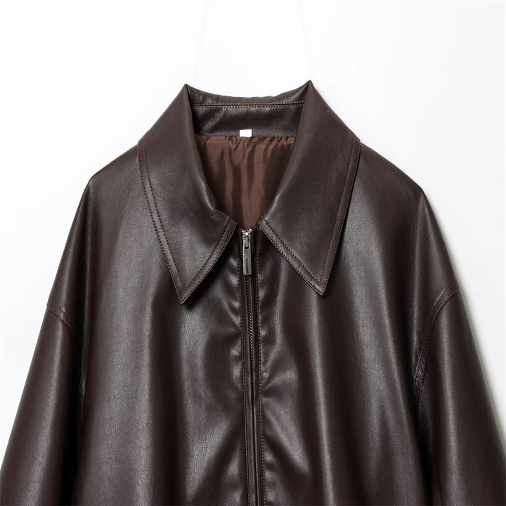 Damen Kurz geschnittener Oversize‑Blouson aus veganem Kunstleder mit Hemdkragen und elastischem Saum Drune