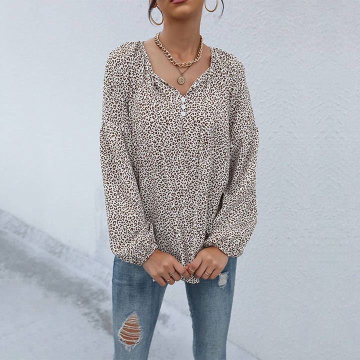 Damen Leopardenprint-Bluse mit V‑Ausschnitt, leichter Viskoseoptik und Ballonärmeln Drune