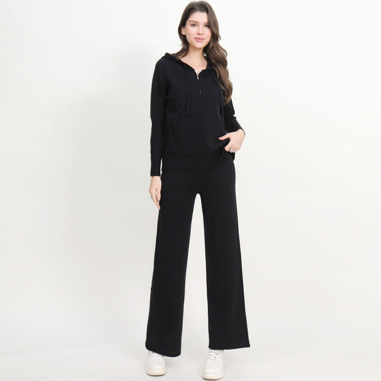 Damen lässiges Strick-Loungewear-Set mit Kapuze und weitem Bein Drune