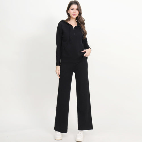 Damen lässiges Strick-Loungewear-Set mit Kapuze und weitem Bein Drune