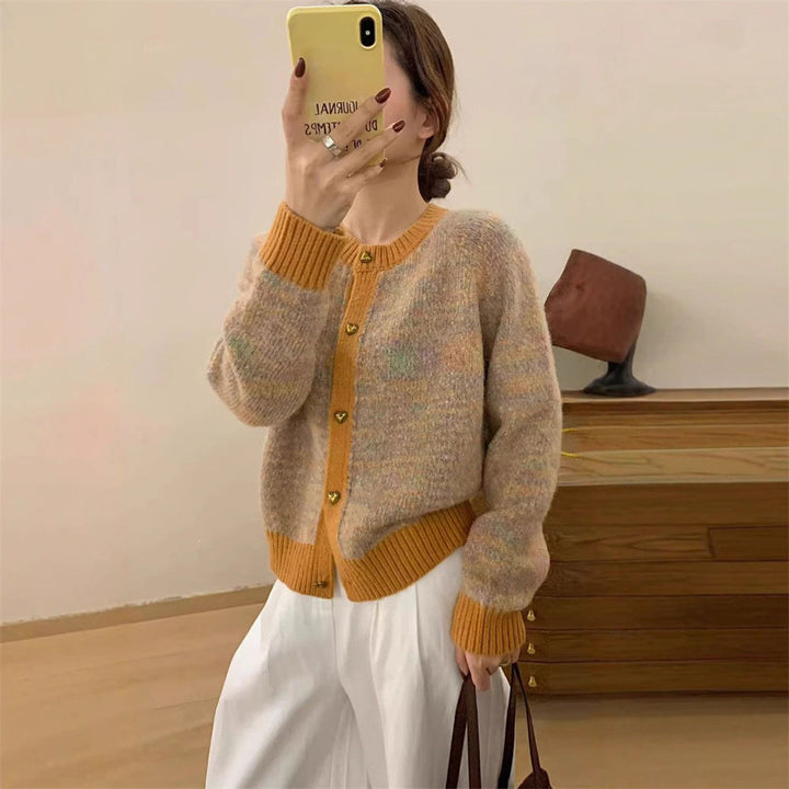 Damen kuschelige Strickjacke mit Herzknöpfen und kontrastierenden Rippdetails Drune