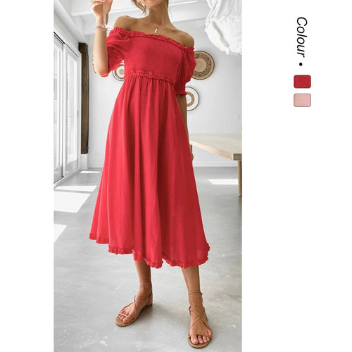 Damen Off-Shoulder Midikleid mit luftiger Silhouette und Rüschendetails Drune