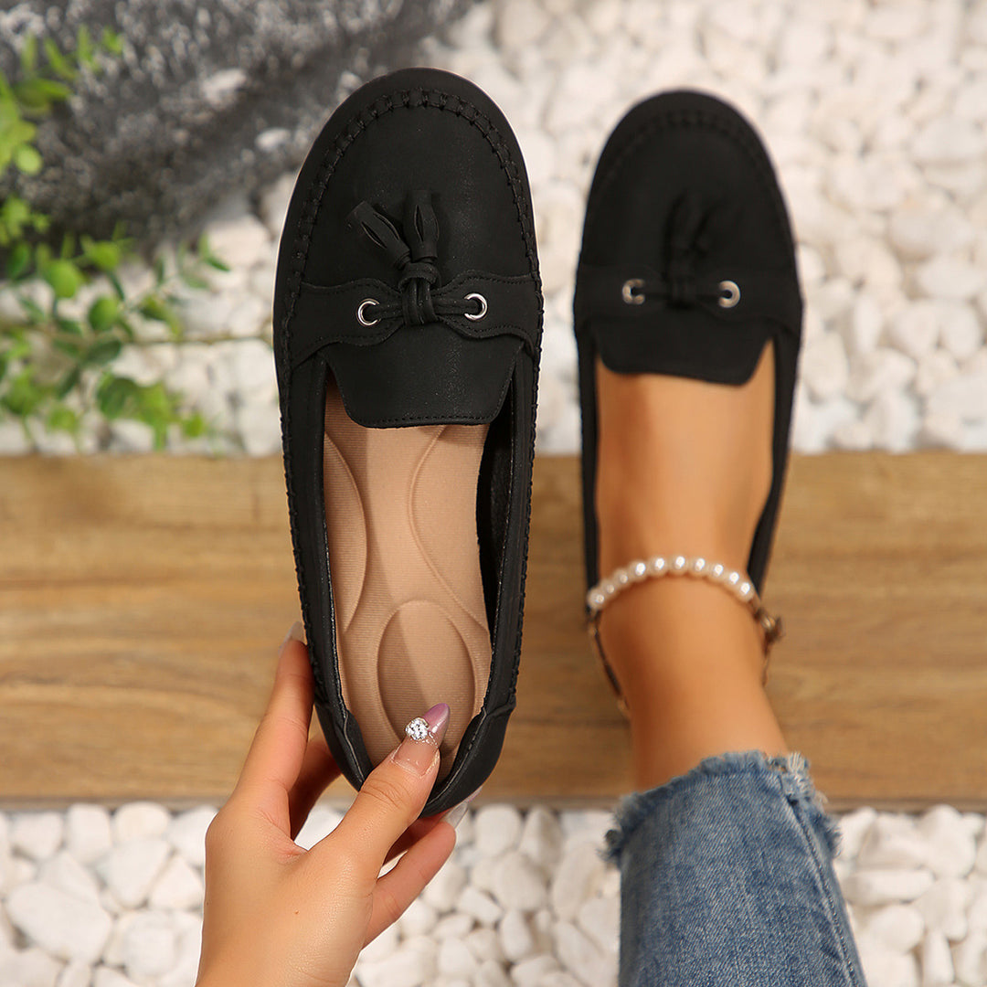 Damen nan klassische Mokassin-Loafer mit Quasten, Handnahtdetail und profilierter Gummisohle Drune