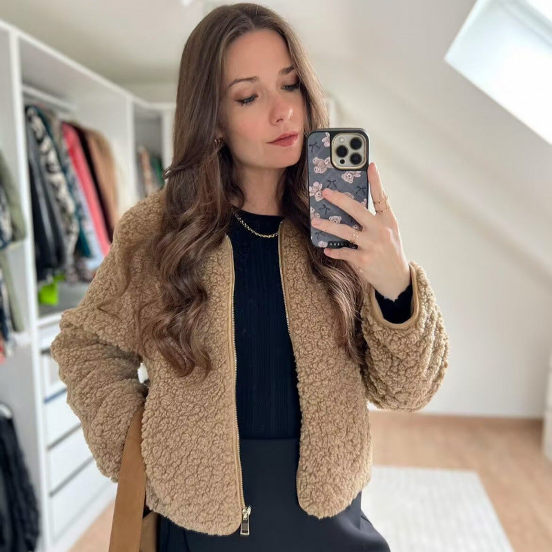 Damen Teddyjacke mit Reißverschluss und seitlichen Eingrifftaschen Drune
