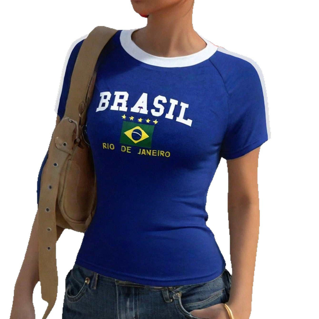 Damen T-Shirt mit kreativem Brasilien-Design und körperbetontem Schnitt Drune