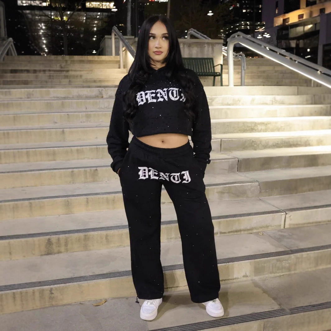 Damen nan Loungehose mit Galaxie-Sternenprint, geradem Bein, elastischem Komfortbund und gotischem Schriftzug Drune
