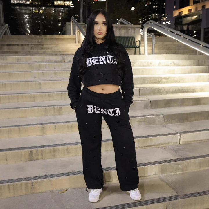 Damen nan Loungehose mit Galaxie-Sternenprint, geradem Bein, elastischem Komfortbund und gotischem Schriftzug Drune