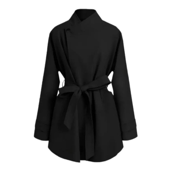 Damen Oversized Wickelbluse mit Stehkragen und Bindegürtel Drune