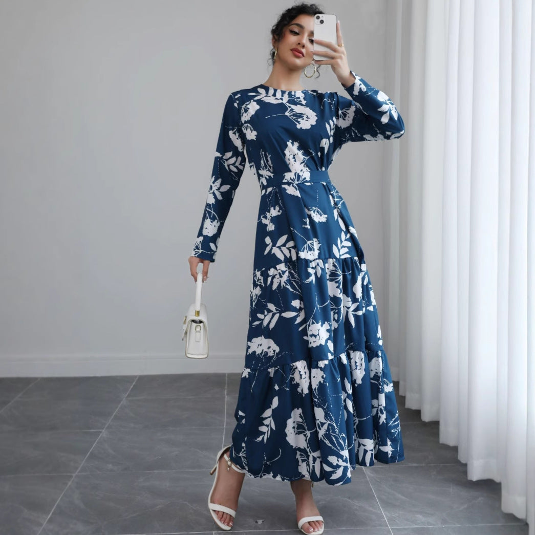 Damen Langes Blumen-Tiered-Maxikleid mit Taillengürtel & Rundhalsausschnitt Drune