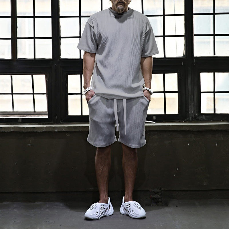 Herren nan lässiges Waffeljersey-Set mit weitem Oberteil und Tunnelzug-Shorts Drune