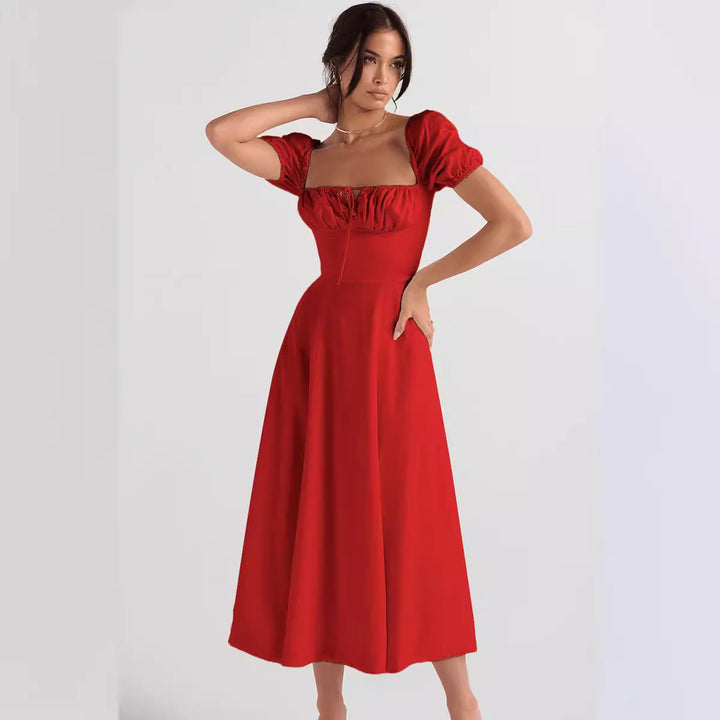 Damen Midi-Kleid mit gerafftem Oberkörper und ausgestelltem Rock Drune