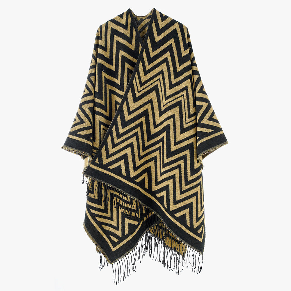 Damen Oversize-Umhang mit grafischem Zickzackmuster und langen Fransen Drune