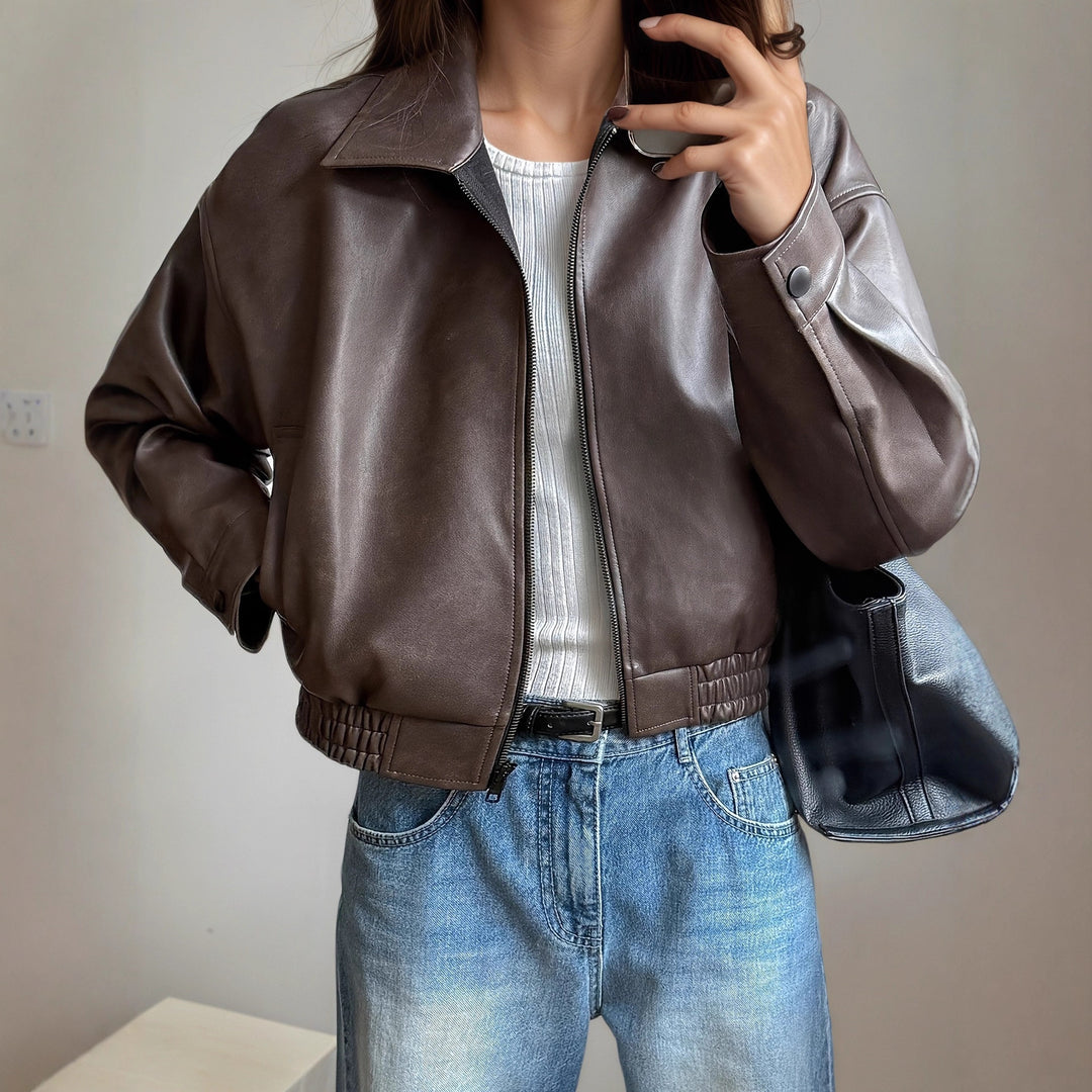Damen Oversize Kunstlederjacke im modernen Look mit praktischem Reißverschluss und elastischem Bund Drune