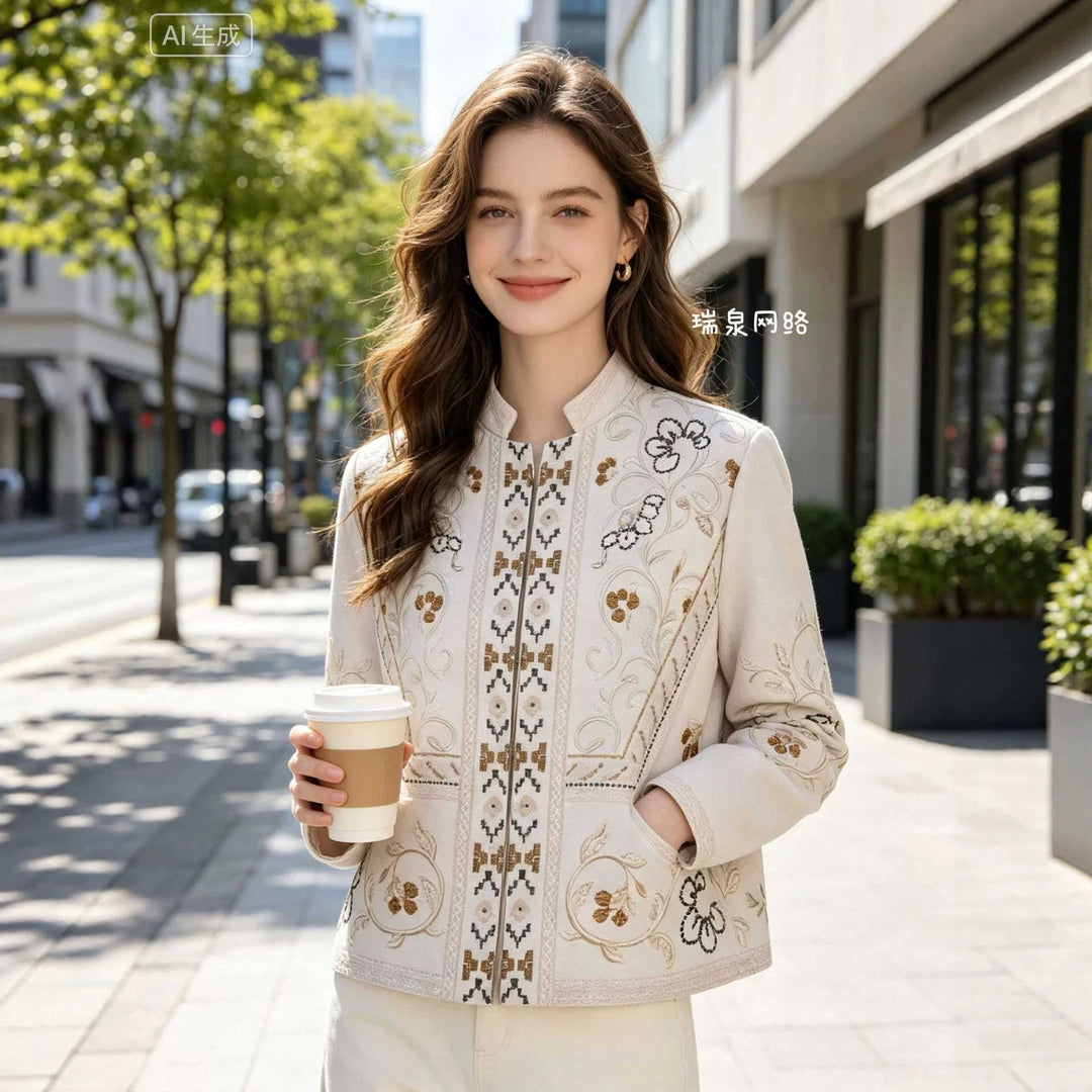 Damen Bestickte Boxy-Jacke mit Stehkragen und floraler Stickerei Drune