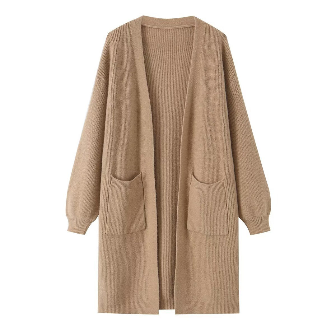 Damen Longline Strickcardigan mit aufgesetzten Taschen und offener Front Drune